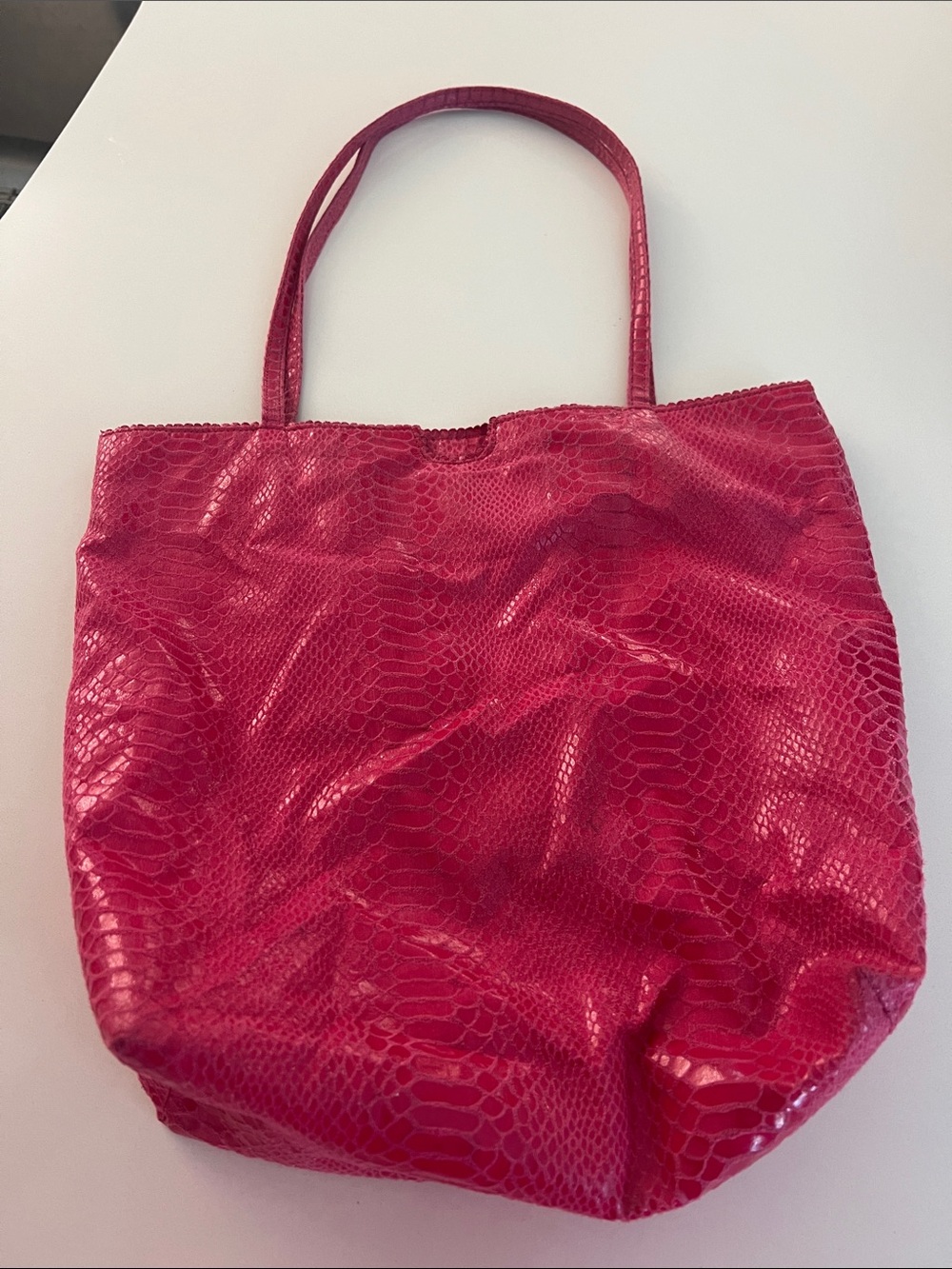 Carlos Falchi rasberry pink embossed leather Snake Skin Tote